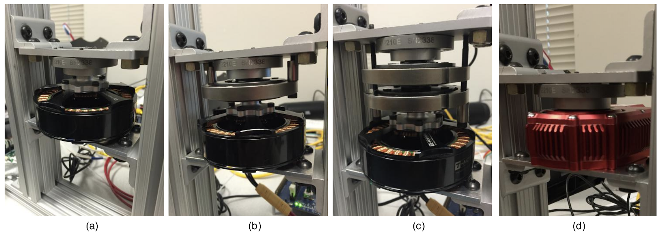 Four actuator configurations on the torque testing rig: direct-drive, QDD, gearmotor, and SEA