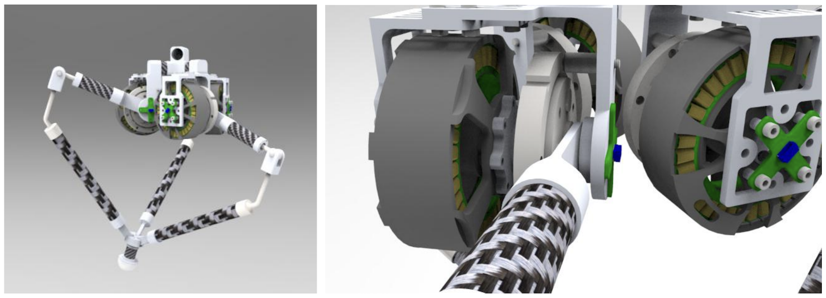 CAD renderings of the GOAT 3-RSR leg design and QDD actuator modules