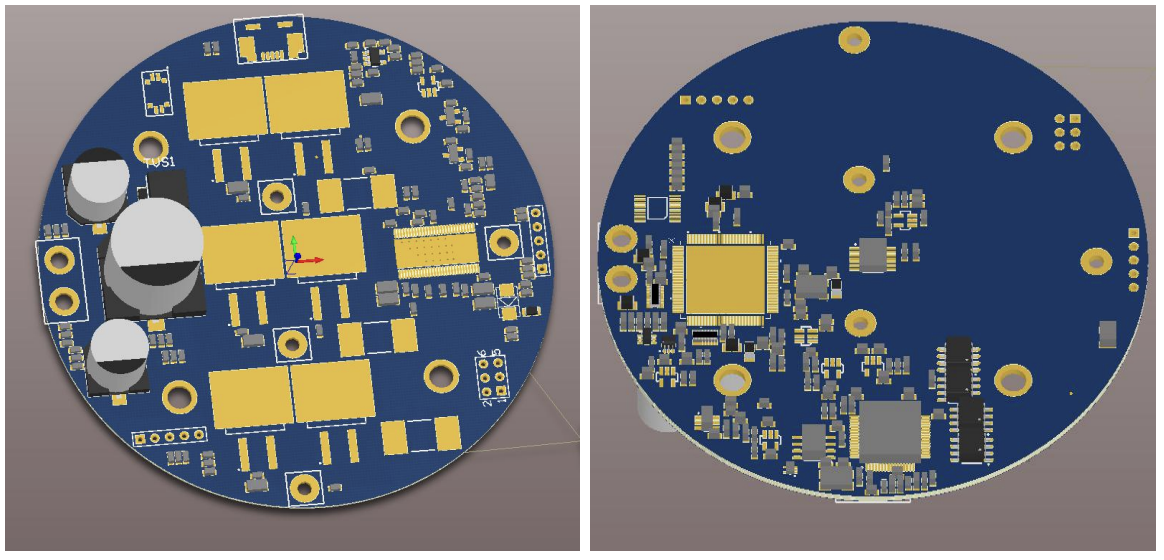 Custom GOAT motor driver PCB with TMS320F28069M MCU, DRV8301 bridge driver, and diametrically polarized magnet encoder for FOC commutation